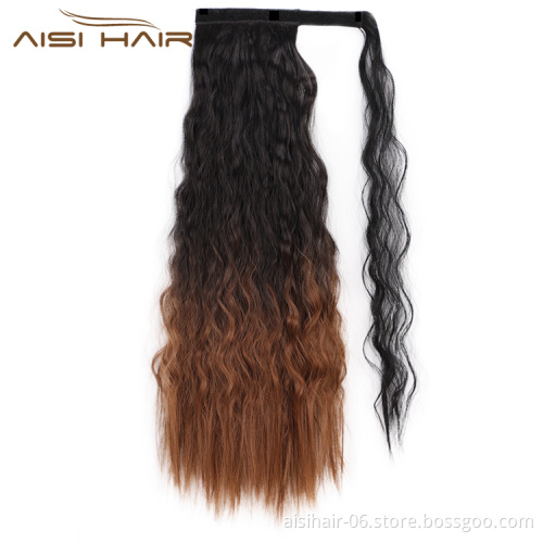 Aisi Hair Black Mixed Brown Long Wavy Drawstring Ponytail Hairpiece Heat Resistant Synthetic Hair Clip In Extensions For Women